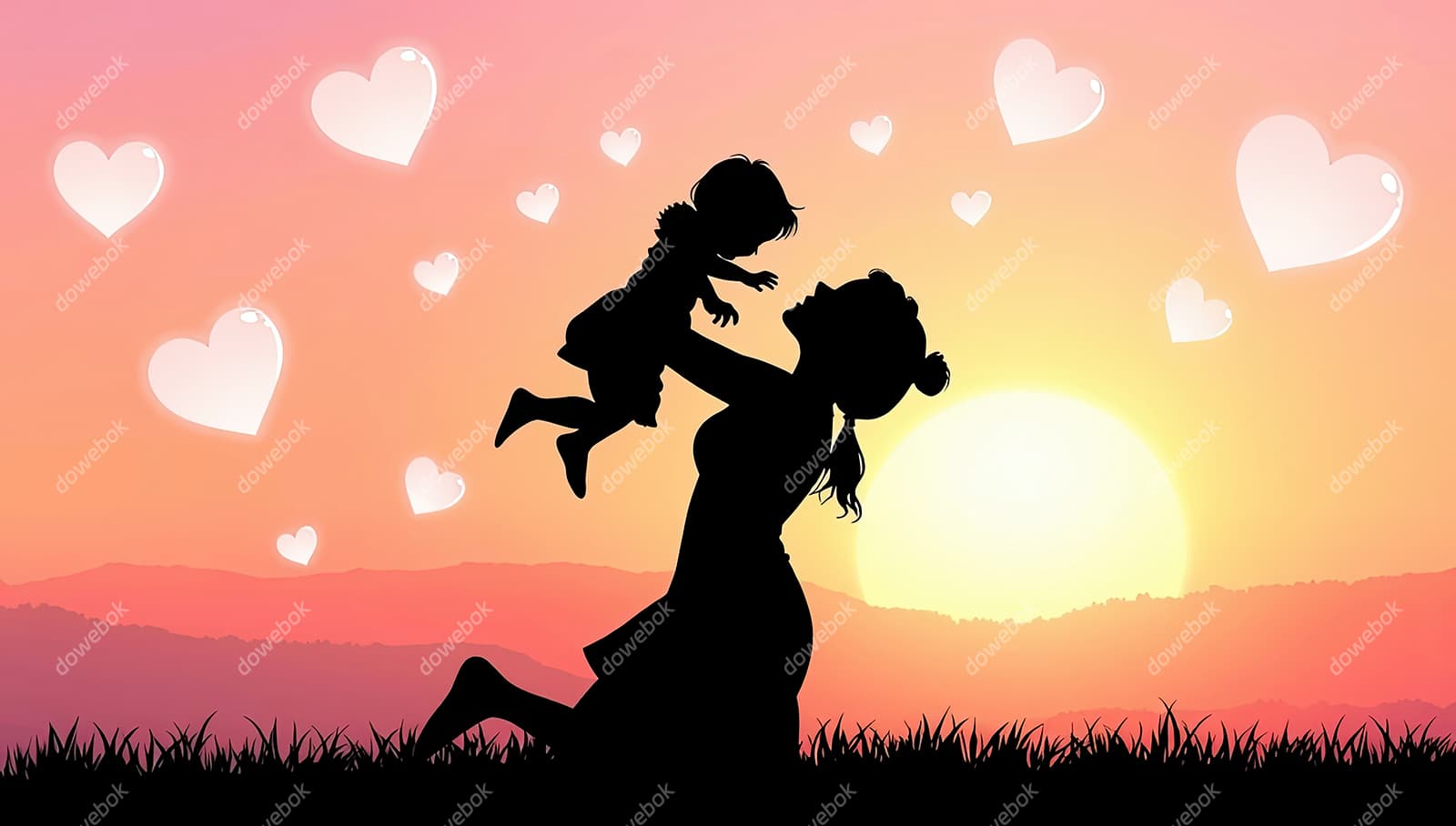 妈妈带着孩子在夕阳下玩耍图片素材