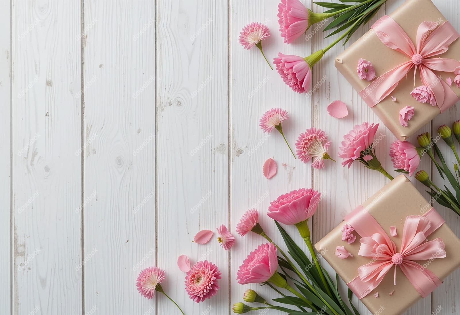 木板上的康乃馨和礼盒图片素材