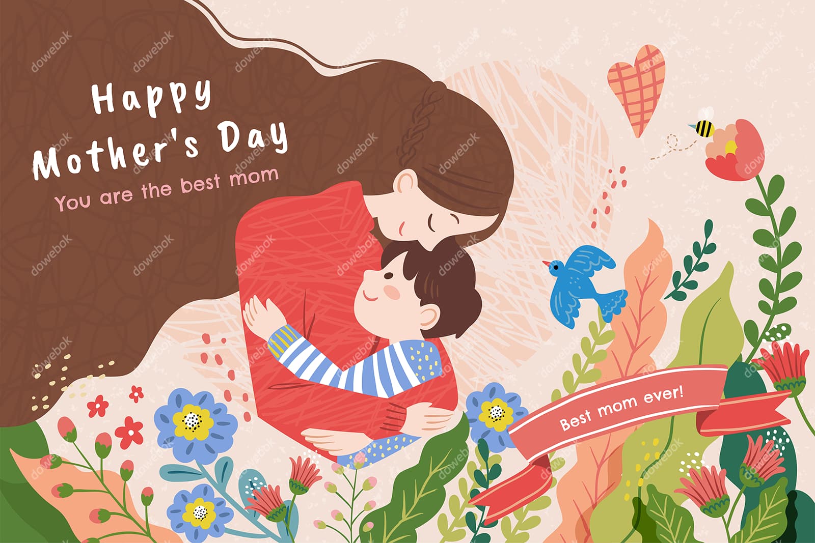 花丛中母子拥抱设计母亲节图片素材