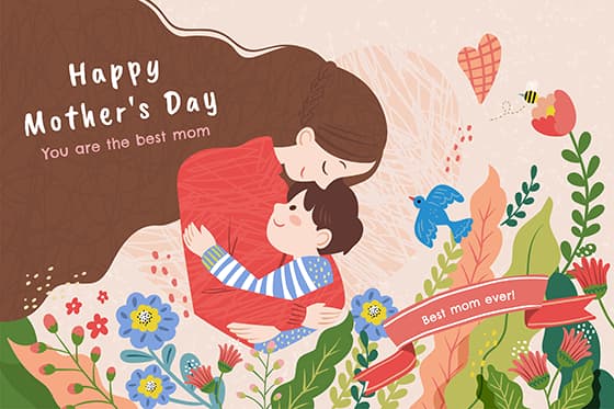 花丛中母子拥抱设计母亲节图片素材