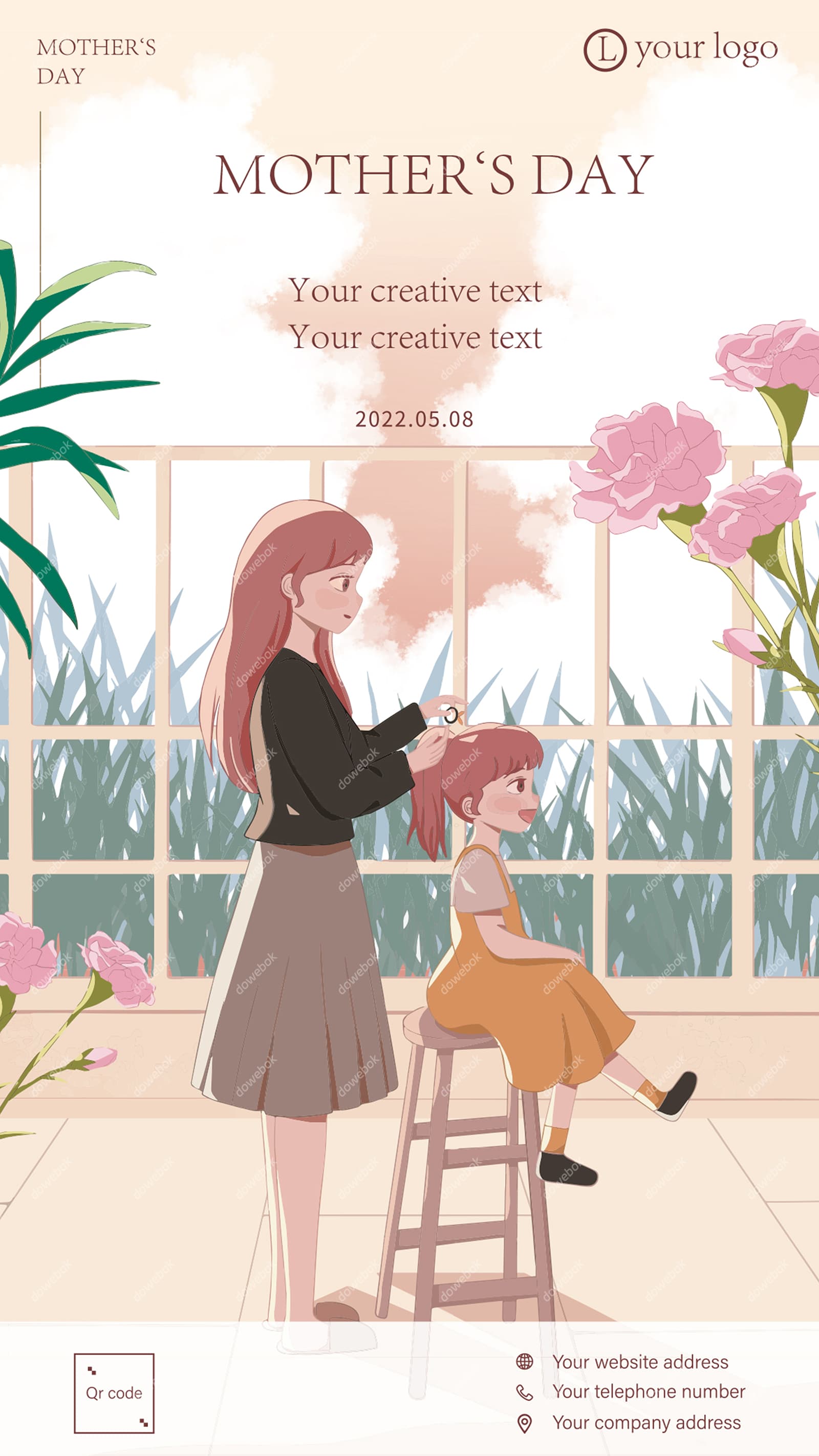 妈妈给女儿扎头发设计母亲节海报/卡片素材