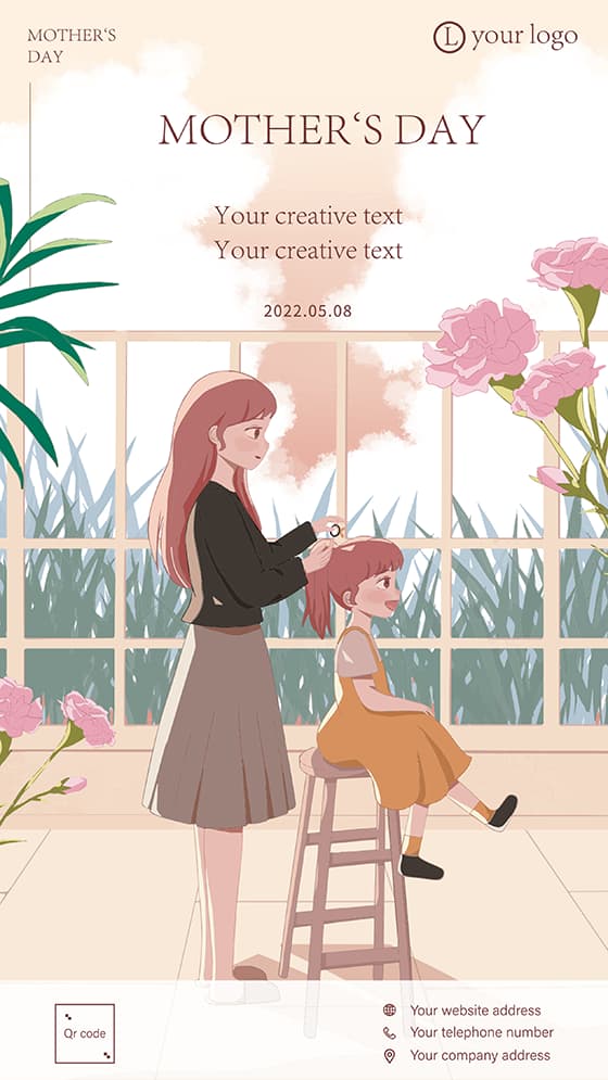 妈妈给女儿扎头发设计母亲节海报/卡片素材