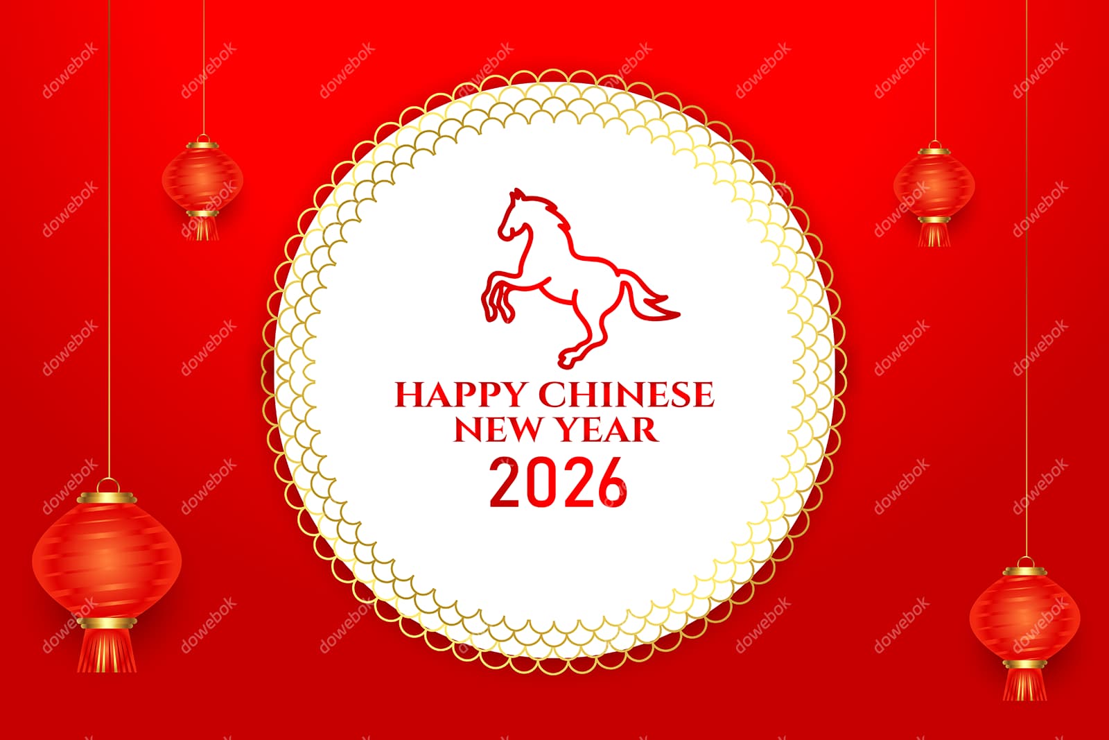 奔腾的马和灯笼设计 2026 春节快乐矢量素材