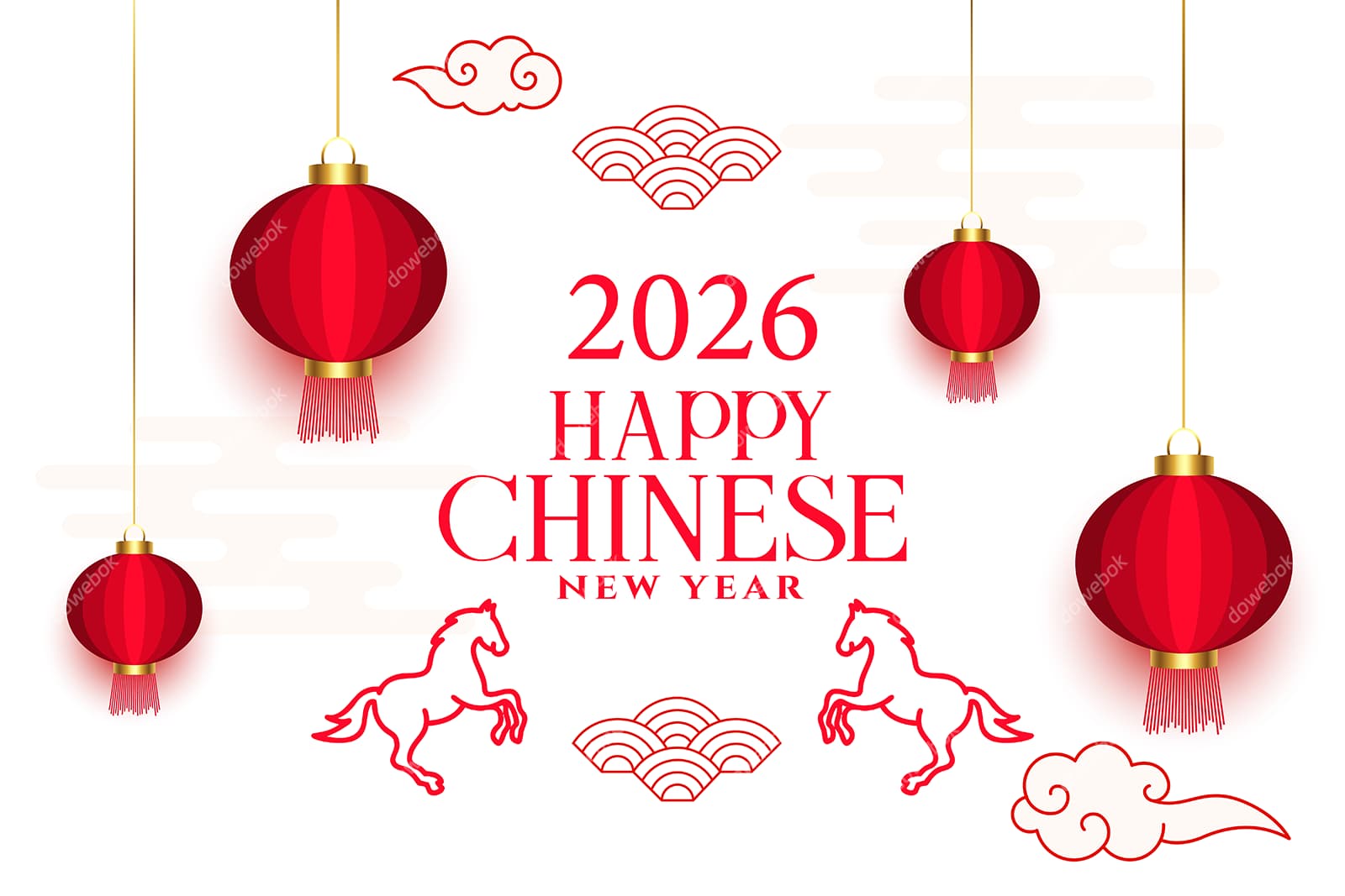 灯笼云纹和骏马设计 2026 马年春节快乐矢量素材