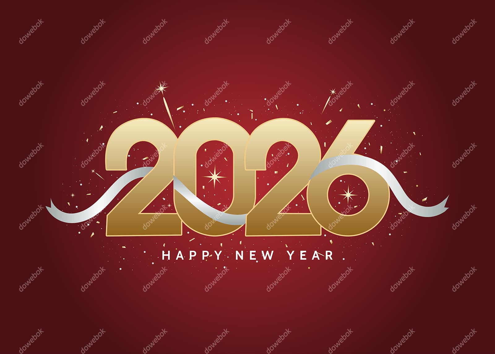 银白丝带和金色数字设计 2026 新年快乐矢量素材