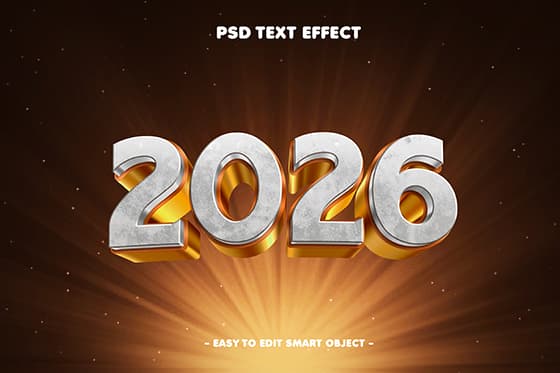 金属立体数字设计 2026 新年快乐 PSD 素材