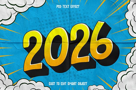 漫画风格设计 2026 新年快乐 PSD 素材