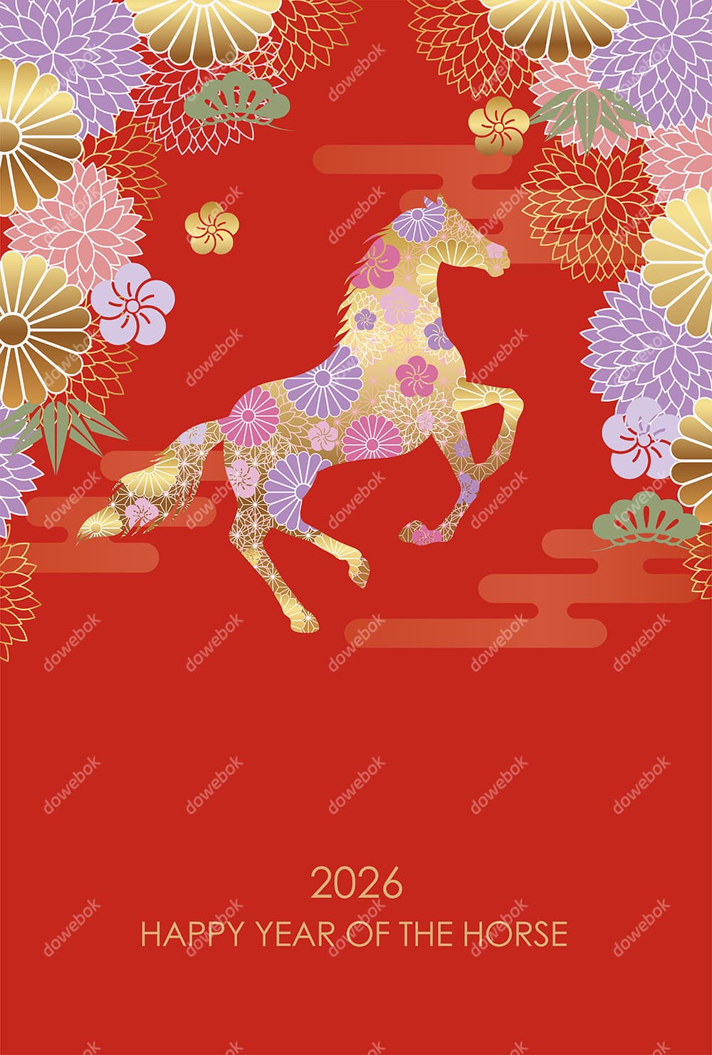 花饰装饰的骏马设计 2026 马年新年快乐海报矢量素材