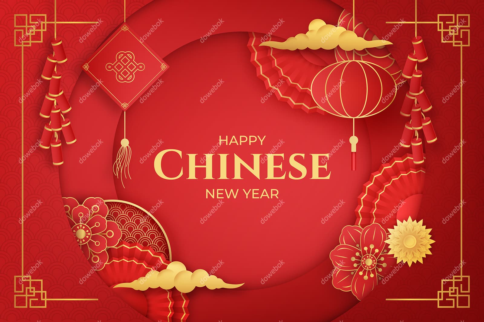 灯笼鞭炮中国结等设计红色喜庆春节快乐矢量素材