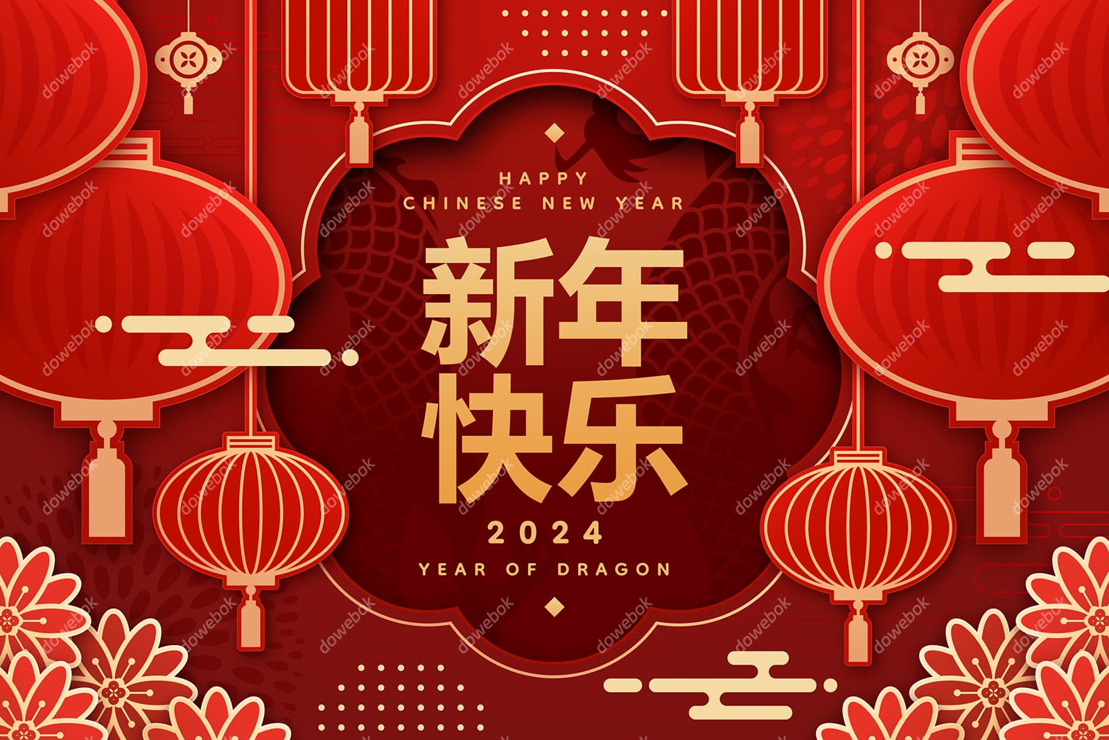 灯笼和花朵设计红色喜庆春节新年快乐矢量素材