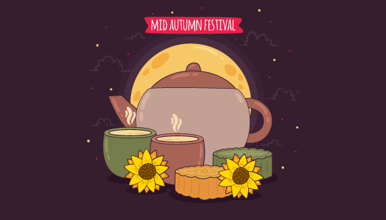 手绘茶壶设计中秋节背景矢量素材(EPS/AI)
