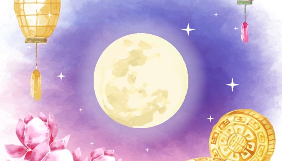 水彩风格中秋节背景矢量素材(EPS/AI)