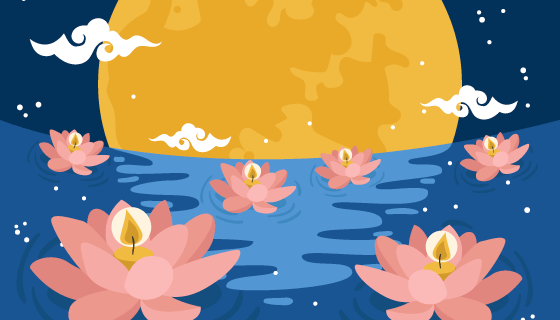 月亮下的河灯设计中秋节矢量素材(AI/EPS)