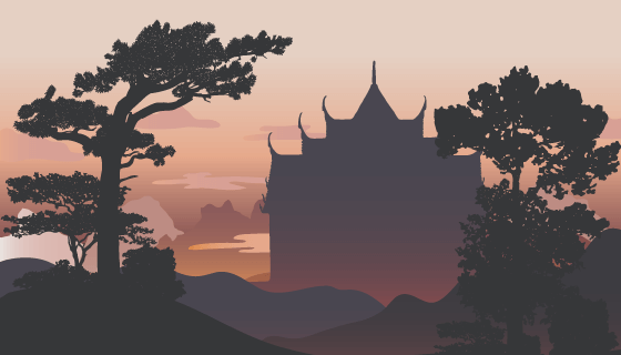 日落的寺庙剪影矢量素材(EPS)