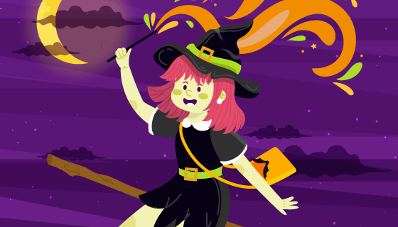 乘着飞天扫帚的可爱女巫矢量素材(EPS/AI)