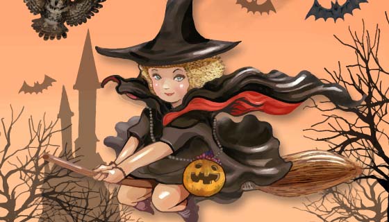 飞行的女巫万圣节背景矢量素材(EPS)