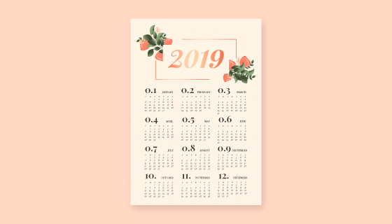 漂亮花卉装饰的2019日历矢量素材(EPS/AI)