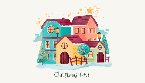 水彩画圣诞小镇背景矢量素材(EPS/AI)