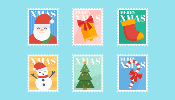 圣诞节多彩邮票矢量素材(EPS/AI/PNG)