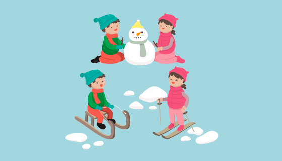 冬天滑雪堆雪人的孩子们矢量素材(EPS/AI/PNG)