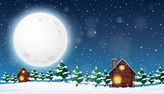 冬季夜晚乡村景观矢量素材(EPS)