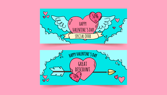 手绘爱心情人节banner矢量素材(EPS/AI)