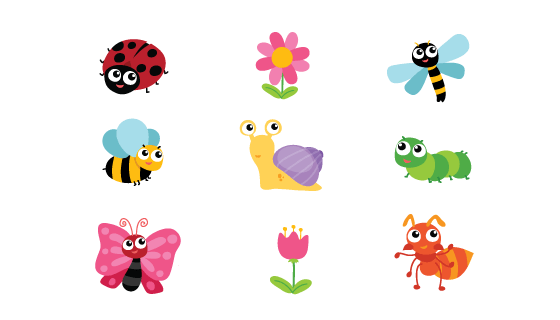 可爱的昆虫花卉矢量素材(EPS/PNG)