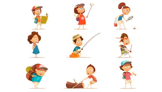 卡通风格露营的儿童矢量素材(EPS/PNG)