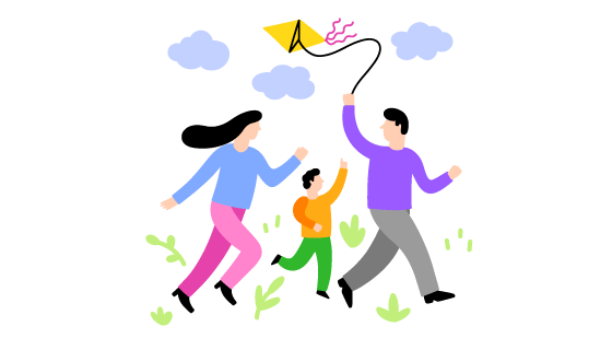 手绘风格一家人放风筝矢量素材(EPS/AI/PNG)