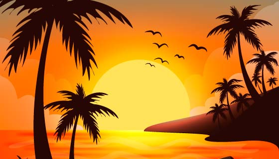 夏日海滩日落景观矢量素材(AI/EPS)