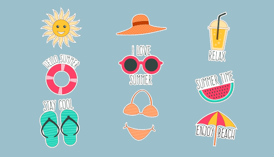手绘风格夏季元素贴纸矢量素材(AI/EPS/PNG)