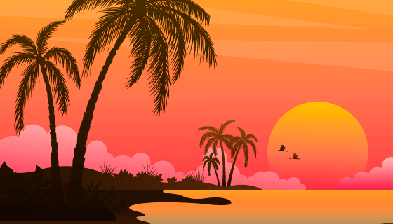 渐变海滩日落景观矢量素材(AI/EPS)