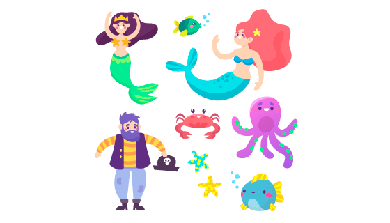 手绘海洋人物矢量素材(AI/EPS/PNG)