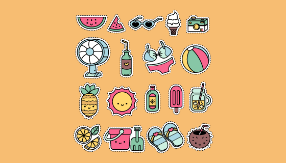 卡哇伊风格夏日元素贴纸矢量素材(AI/EPS/PNG)