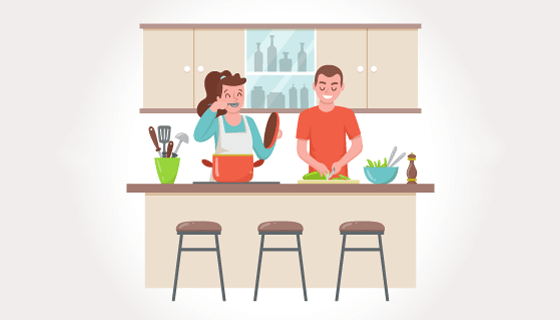 手绘夫妻厨房做饭矢量素材(AI/EPS/PNG)