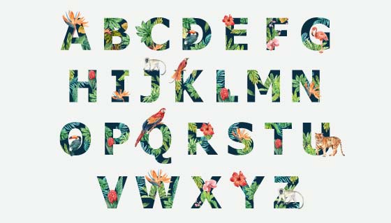 热带动物装饰的字母矢量素材(EPS)