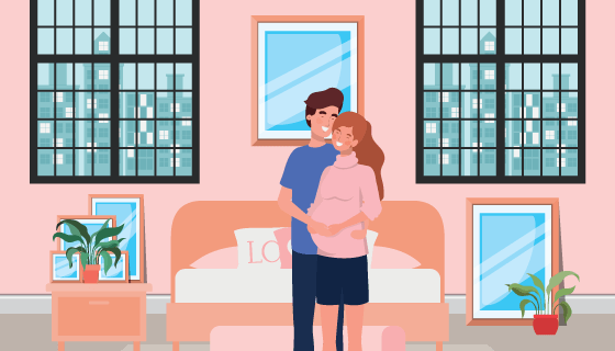 怀孕夫妇卧室场景矢量素材(EPS)