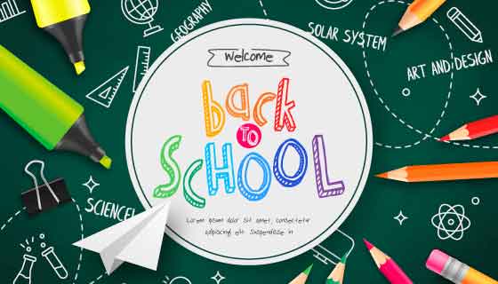 绿色黑板和铅笔设计开学季矢量素材(EPS)