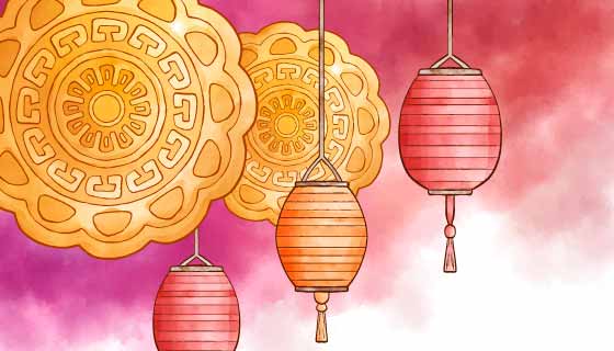 水彩月饼和灯笼中秋节矢量素材(AI/EPS)
