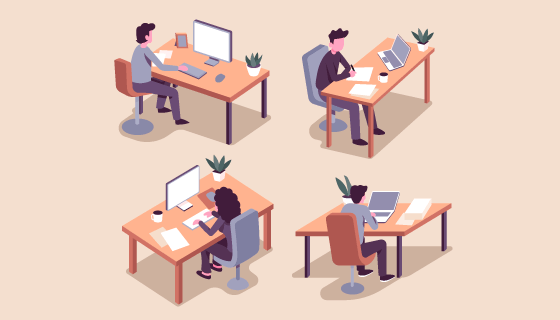 坐在办公桌上办公的人们矢量素材(AI/EPS/PNG)