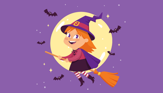 骑扫帚的可爱小女巫矢量素材(AI/EPS/PNG)