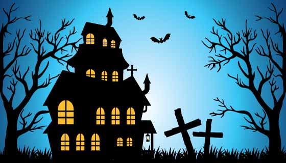 扁平风格鬼屋设计万圣节背景矢量素材(EPS)