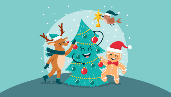 卡通圣诞树圣诞麋鹿圣诞节矢量素材(AI/EPS)