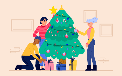 正在装饰圣诞树的人们矢量素材(AI/EPS/PNG)