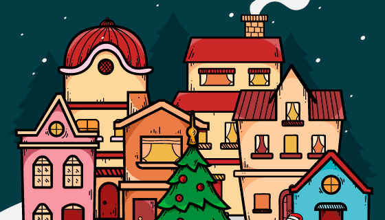 手绘风格的圣诞小镇矢量素材(AI/EPS)