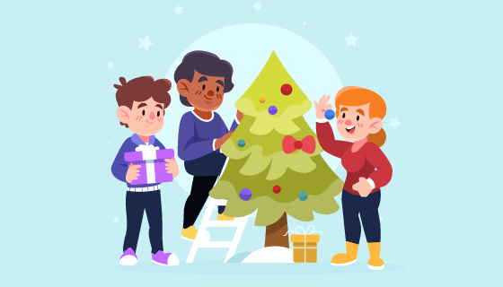 装饰圣诞树的人们矢量素材(AI/EPS)