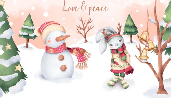 水彩风格兔子雪人圣诞节矢量素材(EPS)