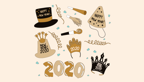 手绘风格新年派对元素矢量素材(AI/EPS/PNG)