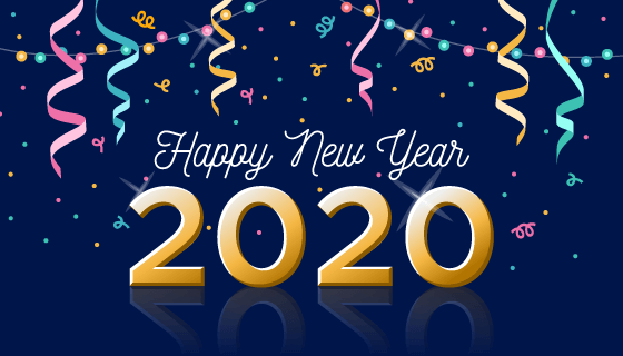 彩色丝带设计2020新年快乐背景矢量素材(AI/EPS)