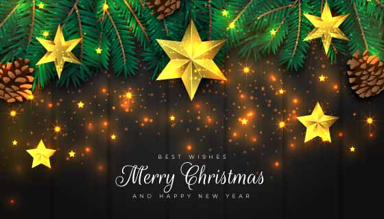 金色星星绿色松枝圣诞节矢量素材(AI/EPS)